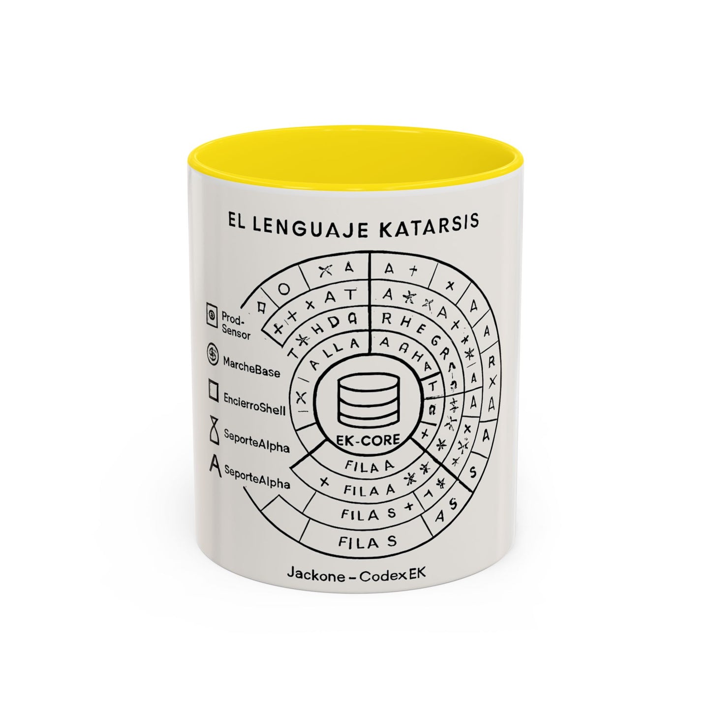 Accent Coffee Mug — "El Lenguaje Katarsis" Circular Code Design (11/15 oz)